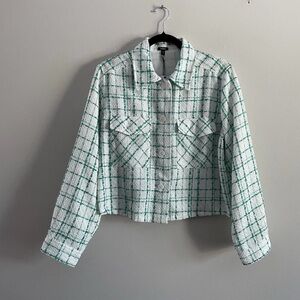 Express Women M Green Ivory Plaid Tweed Boxy Cropped Shacket